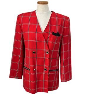 Vtg 90s Red Plaid Double Breasted Blazer Cat Pocket Square Kate McNaughton L 14